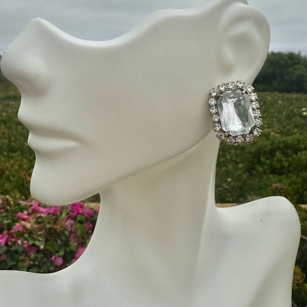 Silver tone rectangular rhinestone earrings - Picture 3 of 6